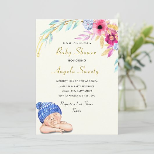 Het is een Baby shower-uitnodiging voor een knul H (Staand voorkant)