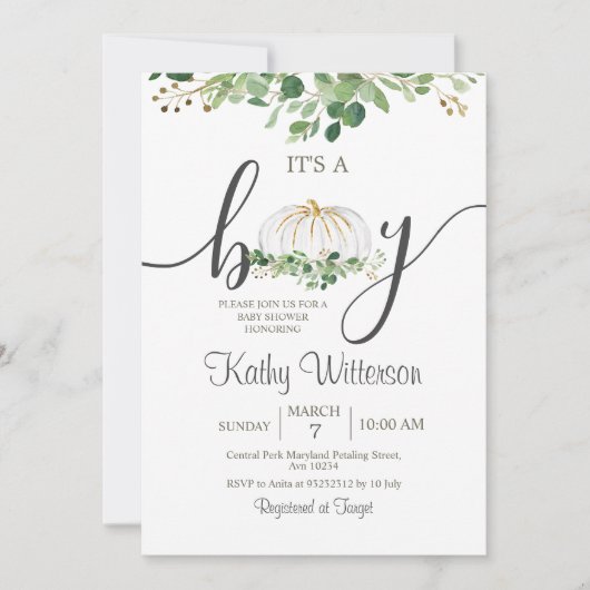 Het is een Baby shower van de Boomboer Pumpkin Gre Kaart (Voorkant)