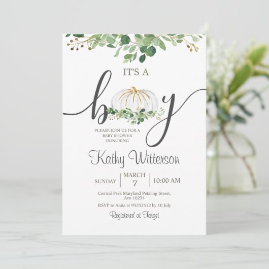 Het is een Baby shower van de Boomboer Pumpkin Gre Kaart (Staand voorkant)