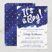 Het is een Baby shower van de Jongen Navy & Gold W Kaart (Voorkant / Achterkant)