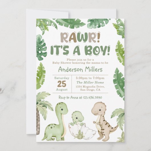 Het is een Baby shower van de Waterverf Dinosaur. Kaart (Voorkant)