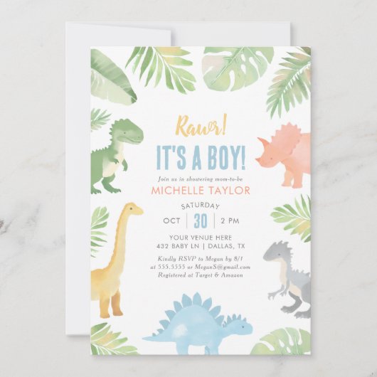 Het is een Baby shower van de Waterverf Dinosaur. Kaart (Voorkant)