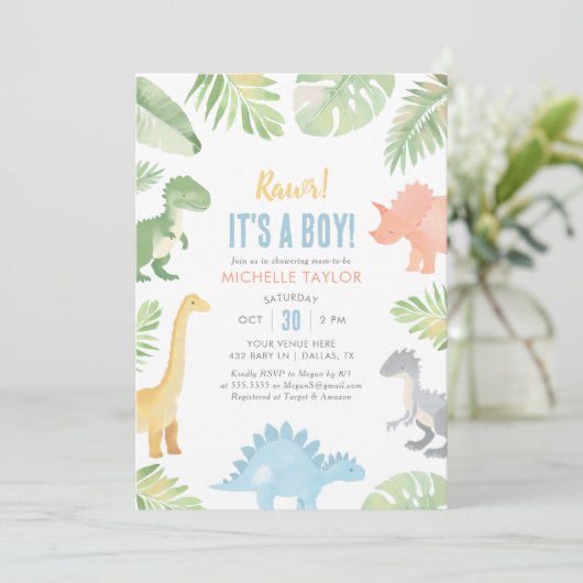 Het is een Baby shower van de Waterverf Dinosaur. Kaart (Staand voorkant)