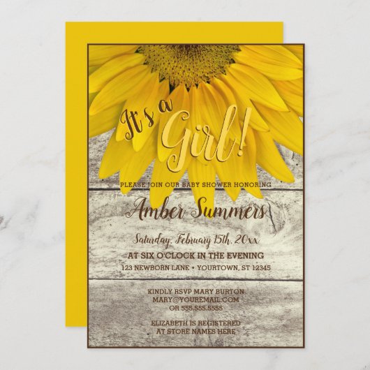Het is een Baby shower van een Girl Floral Sunflow Kaart (Voorkant / Achterkant)
