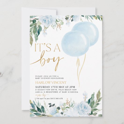 Het is een Baby shower van een Jongen Blauwe Ballo Kaart (Voorkant)