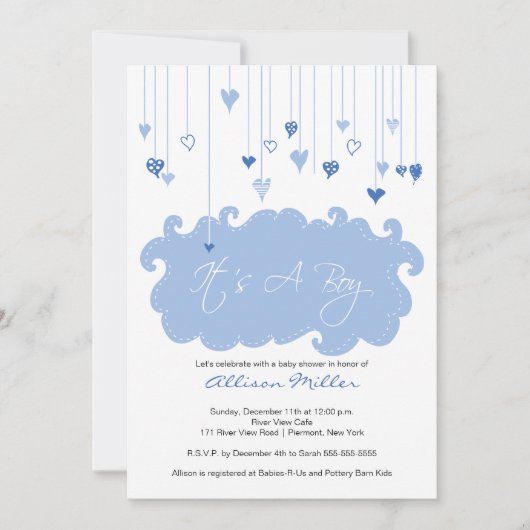 Het is een Baby shower van een jongen Blue Hearts Kaart (Voorkant)