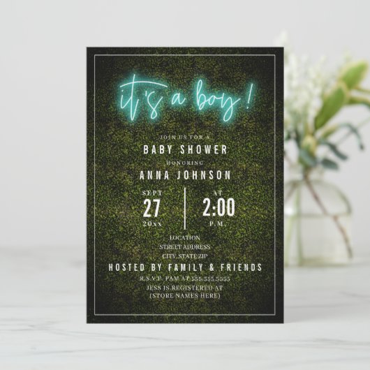 Het is een Baby shower van een jongen Blue Neon Bo Kaart (Staand voorkant)