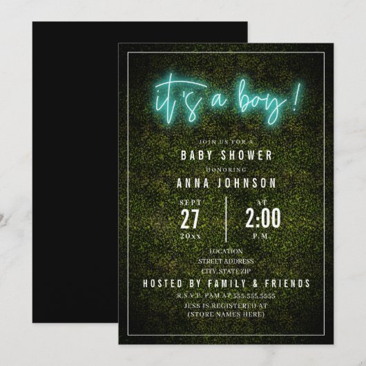 Het is een Baby shower van een jongen Blue Neon Bo Kaart (Voorkant / Achterkant)