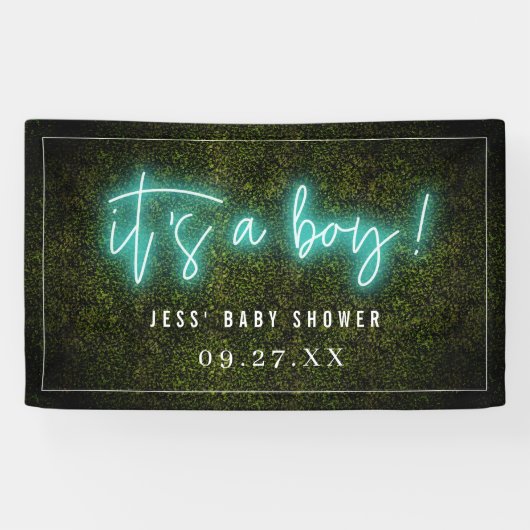 Het is een Baby shower van een jongen Blue Neon Bo Spandoek (Horizontaal)