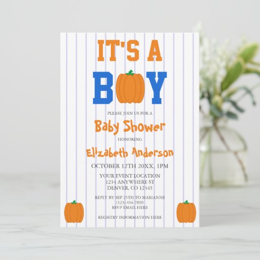 Het is een Baby shower van een jongen pompoen Kaart (Staand voorkant)