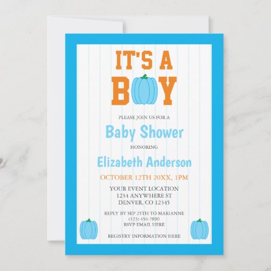 Het is een Baby shower van een jongen pompoen Kaart (Voorkant)