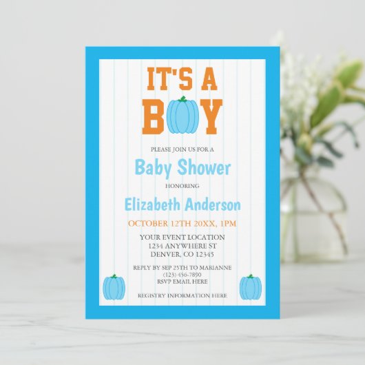 Het is een Baby shower van een jongen pompoen Kaart (Staand voorkant)