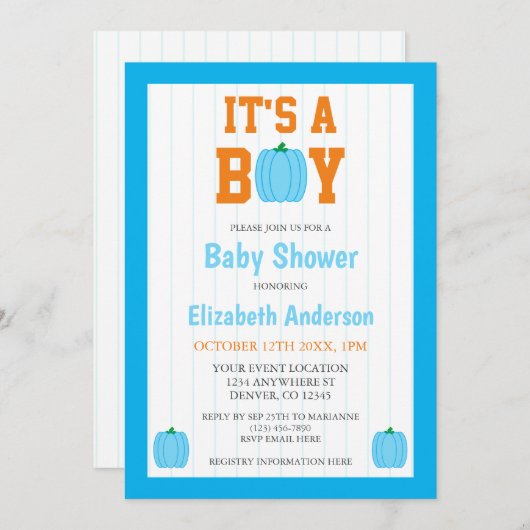 Het is een Baby shower van een jongen pompoen Kaart (Voorkant / Achterkant)