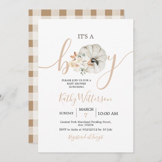 Het is een Baby shower van een jongen Pumpkin Rust Kaart (Voorkant / Achterkant)