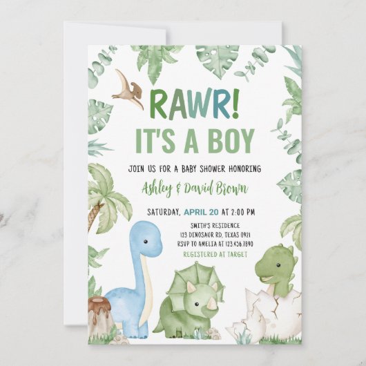Het is een Baby shower van een jongensdinosaurus Kaart (Voorkant)