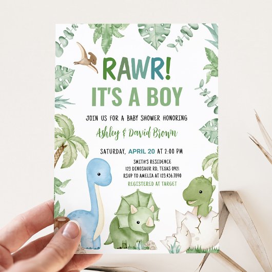 Het is een Baby shower van een jongensdinosaurus Kaart
