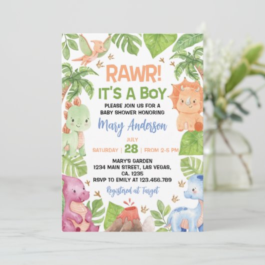 Het is een Baby shower van een jongensdinosaurus Kaart (Staand voorkant)