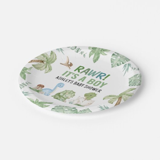 Het is een Baby shower van een jongensdinosaurus Papieren Bordje (Gekanteld)