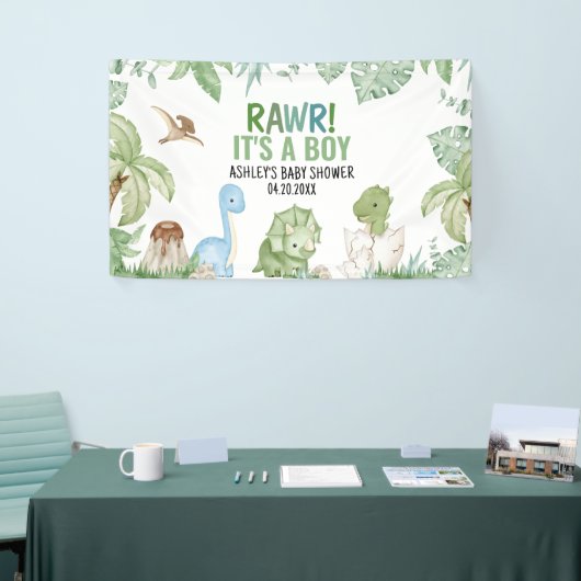 Het is een Baby shower van een jongensdinosaurus Spandoek (Beurs)