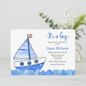 Het is een Baby shower van een jongenszeilboot Kaart (Staand voorkant)
