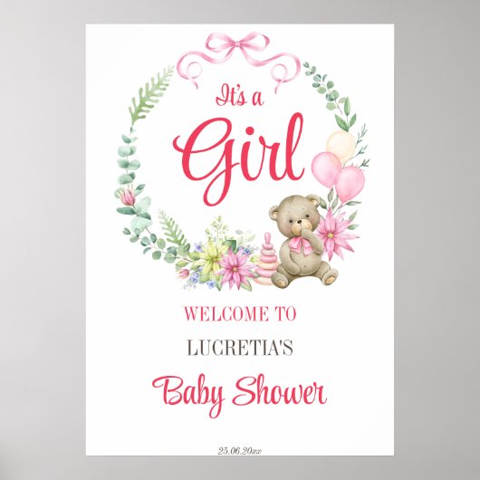 Het is een baby shower van een meisje met bloemetj poster (Voorkant)
