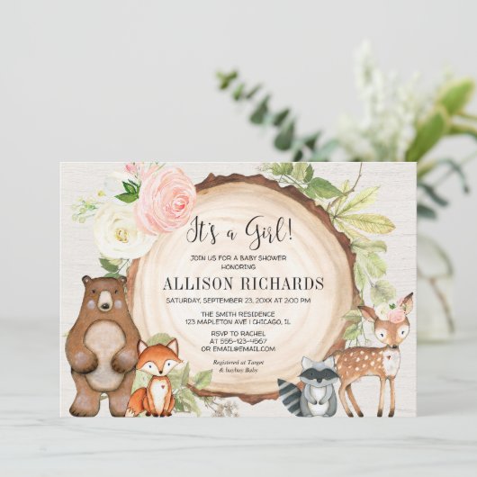 Het is een baby shower van een meisje met floraal  kaart (Staand voorkant)