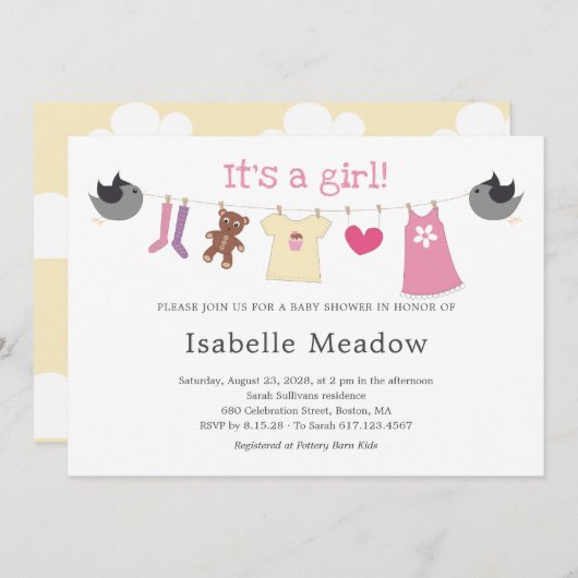 Het is een Baby shower van een meisjeskleding Kaart (Voorkant / Achterkant)