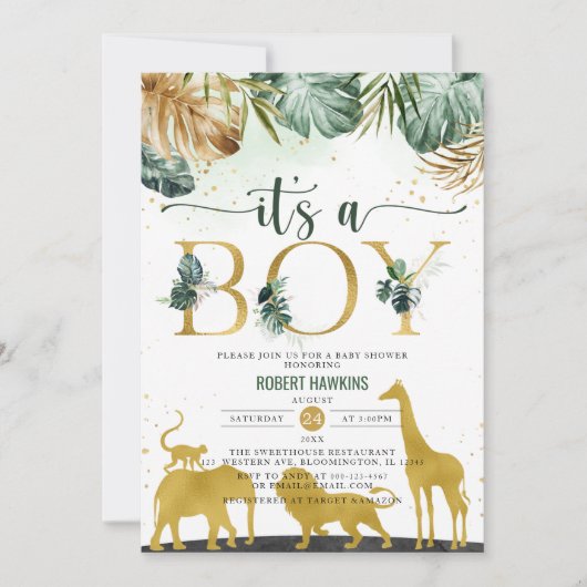 Het is een Baby shower van een Oerwoud Gold Safari Kaart (Voorkant)