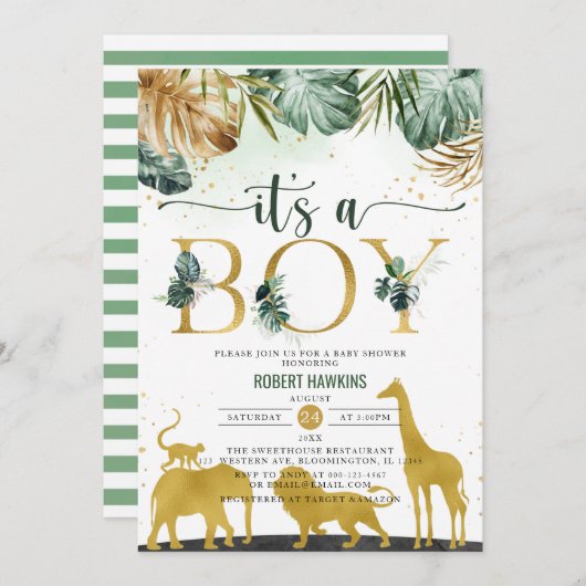 Het is een Baby shower van een Oerwoud Gold Safari Kaart (Voorkant / Achterkant)