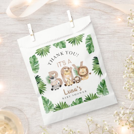 Het is een Baby shower van het Oerwoud-thema van e Bedankzakje (Geknipt)