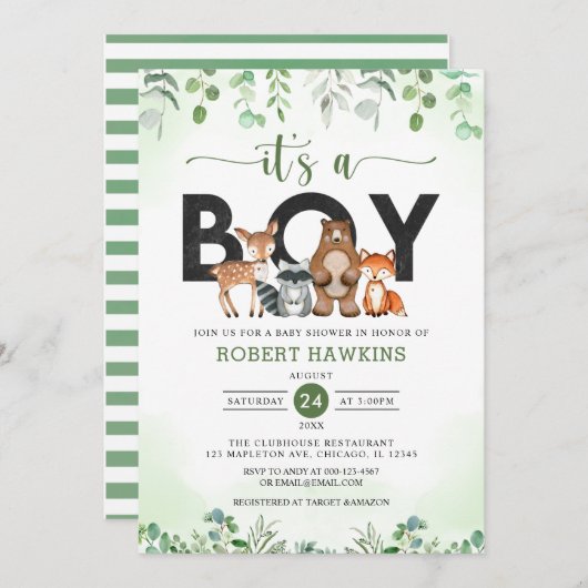 Het is een baby shower van padvinders uit het bos. kaart (Voorkant / Achterkant)