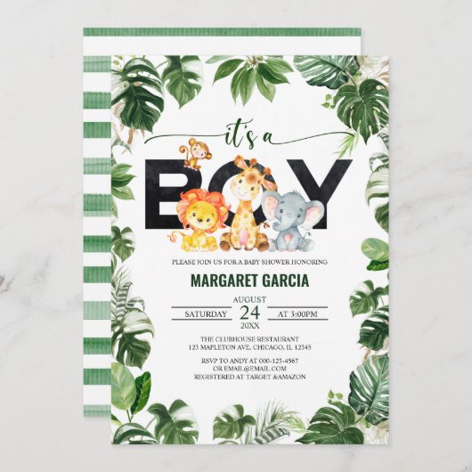 Het is een Baby shower van Safari-Oerwouden. Kaart (Voorkant / Achterkant)