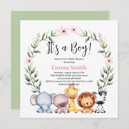 Het is een Baby shower van Safari-Oerwouden. Kaart (Voorkant / Achterkant)