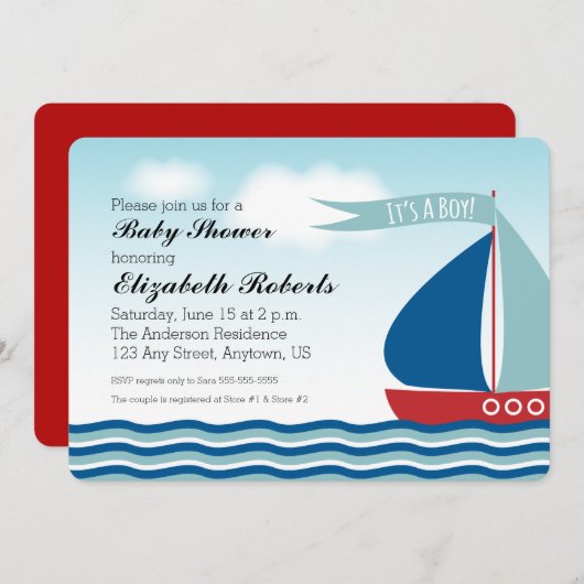 Het is een Baby shower zeilboot Kaart (Voorkant / Achterkant)
