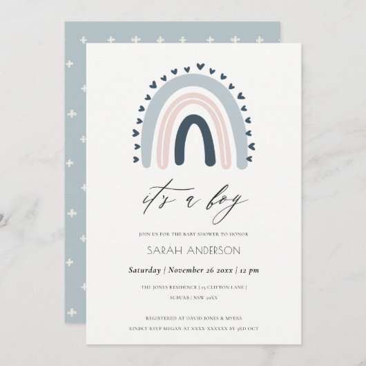 HET IS EEN BLAUW HARTRAINBOW BABY SHOWER INVITE BEDANKKAART (Voorkant / Achterkant)