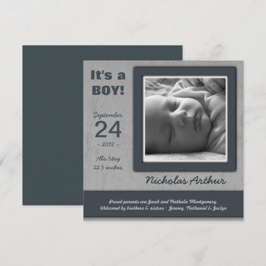 Het is een BOY. Aankondiging van de geboorte Blue  (Voorkant / Achterkant)