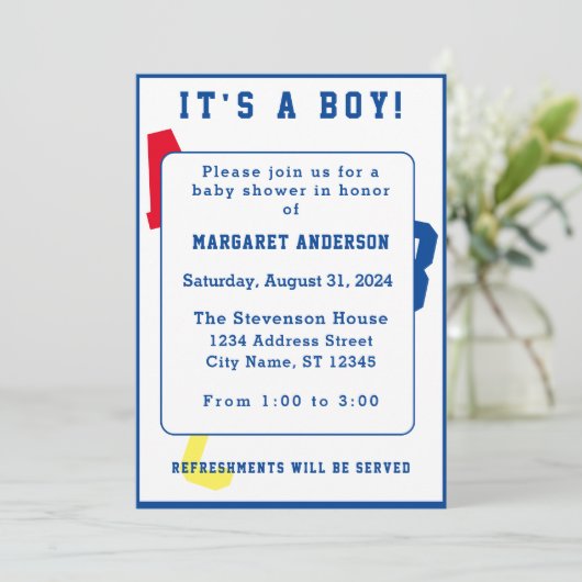 Het is een Boy ABC thema uitnodiging (Staand voorkant)