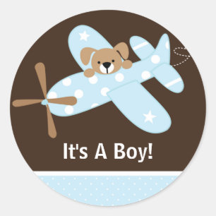 Het is een 'Boy Airplane Baby Birth Announcement' Ronde Sticker