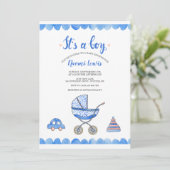Het is een Boy Baby Carriage Shower Invitation Kaart (Staand voorkant)