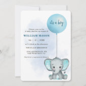 Het is een Boy Baby Elephant Blue Balloon Baby sho Kaart (Voorkant)