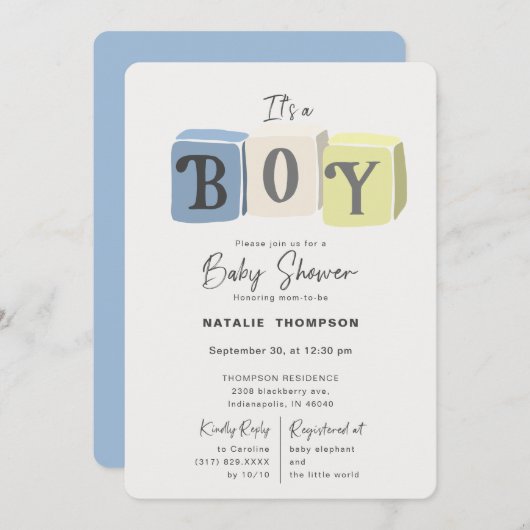 Het is een Boy Baby shower Blocks Blue Kaart (Voorkant / Achterkant)
