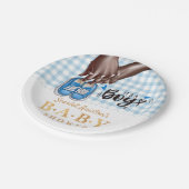 Het is een Boy Baby shower Blue Boy Shoes Papieren Bordje (Gekanteld)