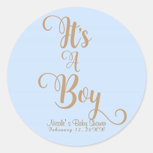 Het is een Boy Baby shower Blue & Gold Custom Favo Ronde Sticker (Voorkant)