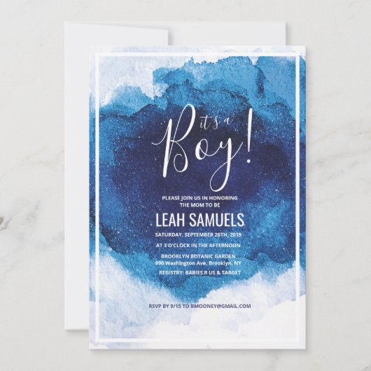 Het is een Boy Baby shower Blue Waterverf uitnodig Kaart (Voorkant)