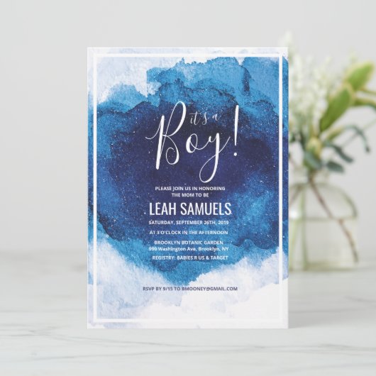 Het is een Boy Baby shower Blue Waterverf uitnodig Kaart (Staand voorkant)