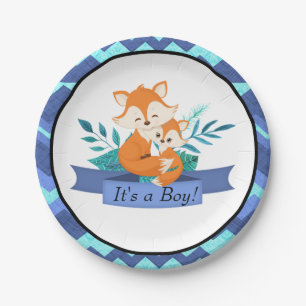 Het is een Boy Baby shower Fox Blue Paper Bord Ani