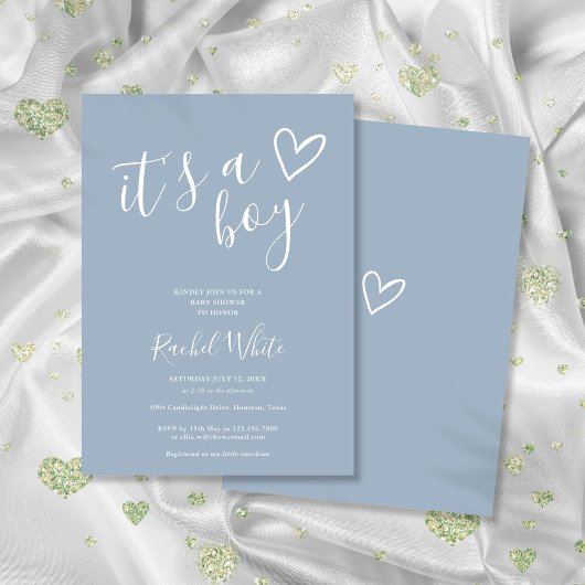 Het is een Boy Baby shower Heart Dusty Blue Minima Kaart