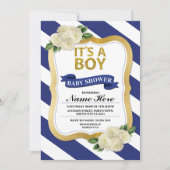 Het is een Boy Baby shower Navy Gold Stripe Invite Kaart (Voorkant)