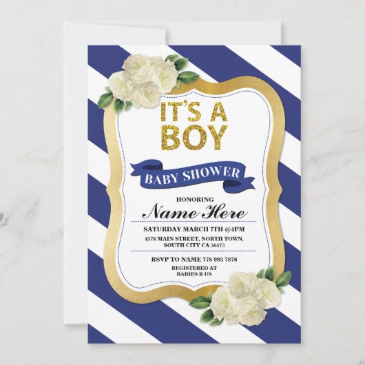 Het is een Boy Baby shower Navy Gold Stripe Invite Kaart (Voorkant)