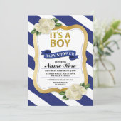 Het is een Boy Baby shower Navy Gold Stripe Invite Kaart (Staand voorkant)